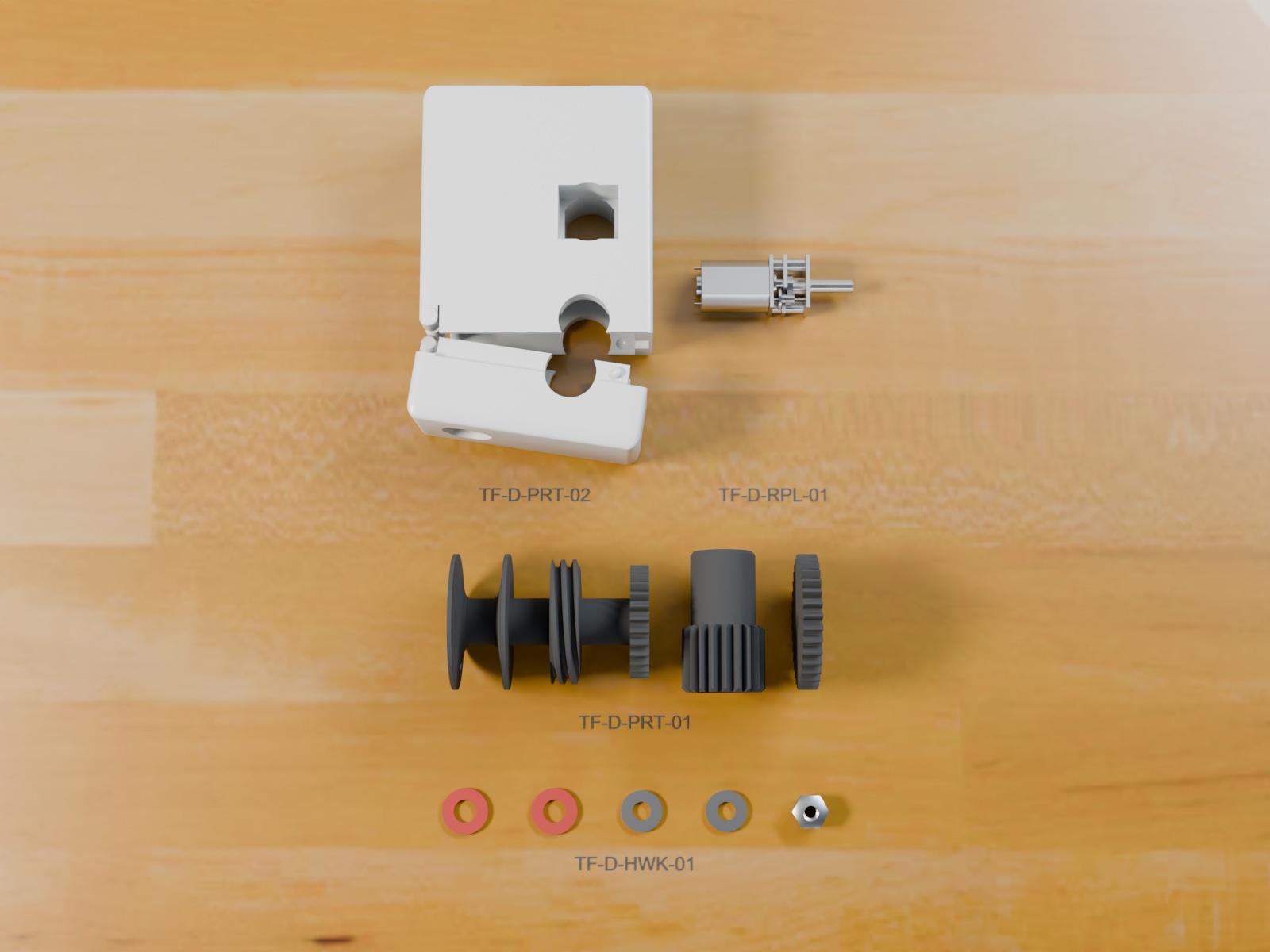 Every part of the TiltForge Beta kit laid out flat — enclosure, spool, gears, motor, board, and hardware including the red fiber clutch washers