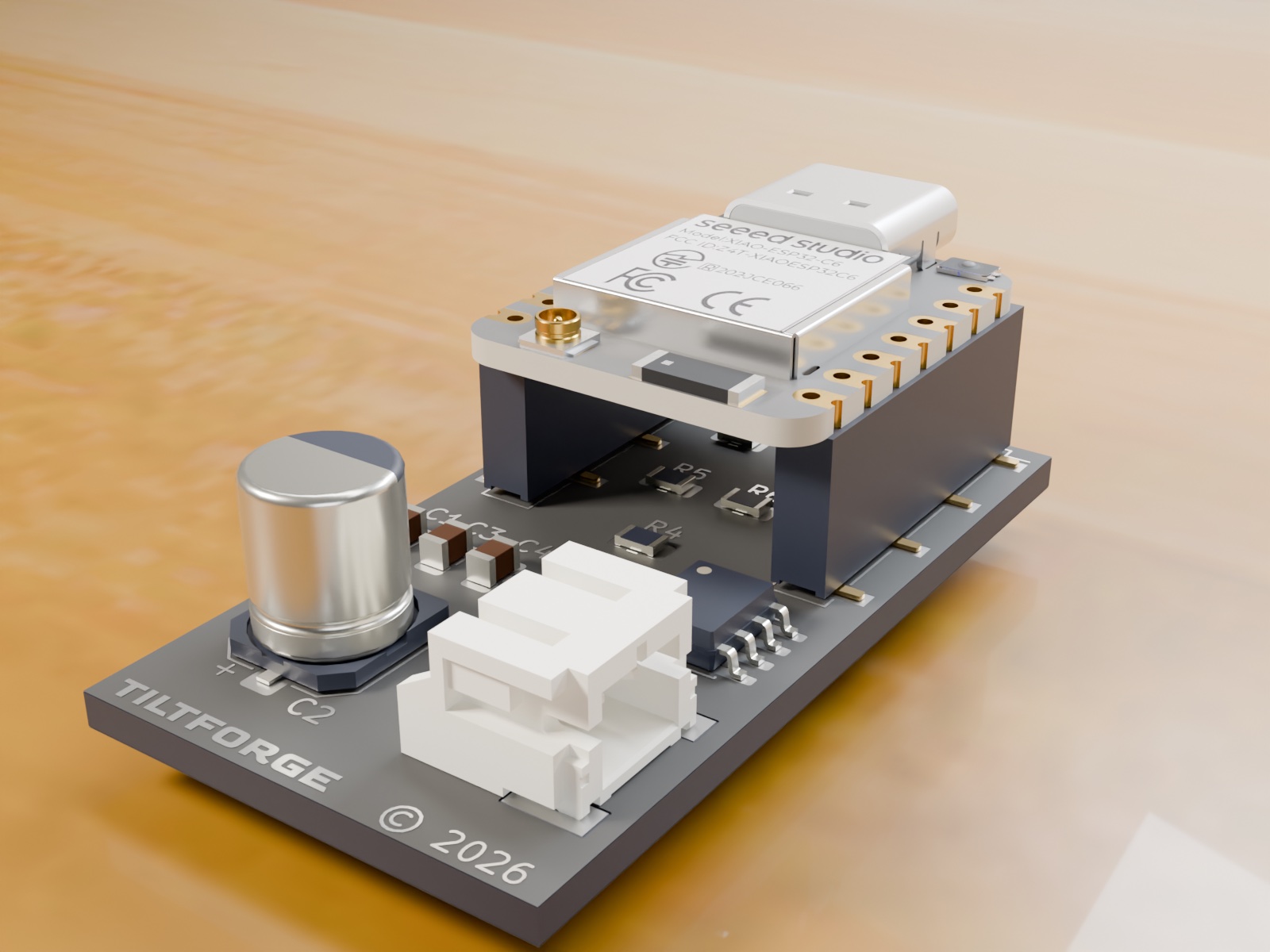 Close-up of the Rev D control board with a Seeed XIAO ESP32-C6 module socketed on its headers