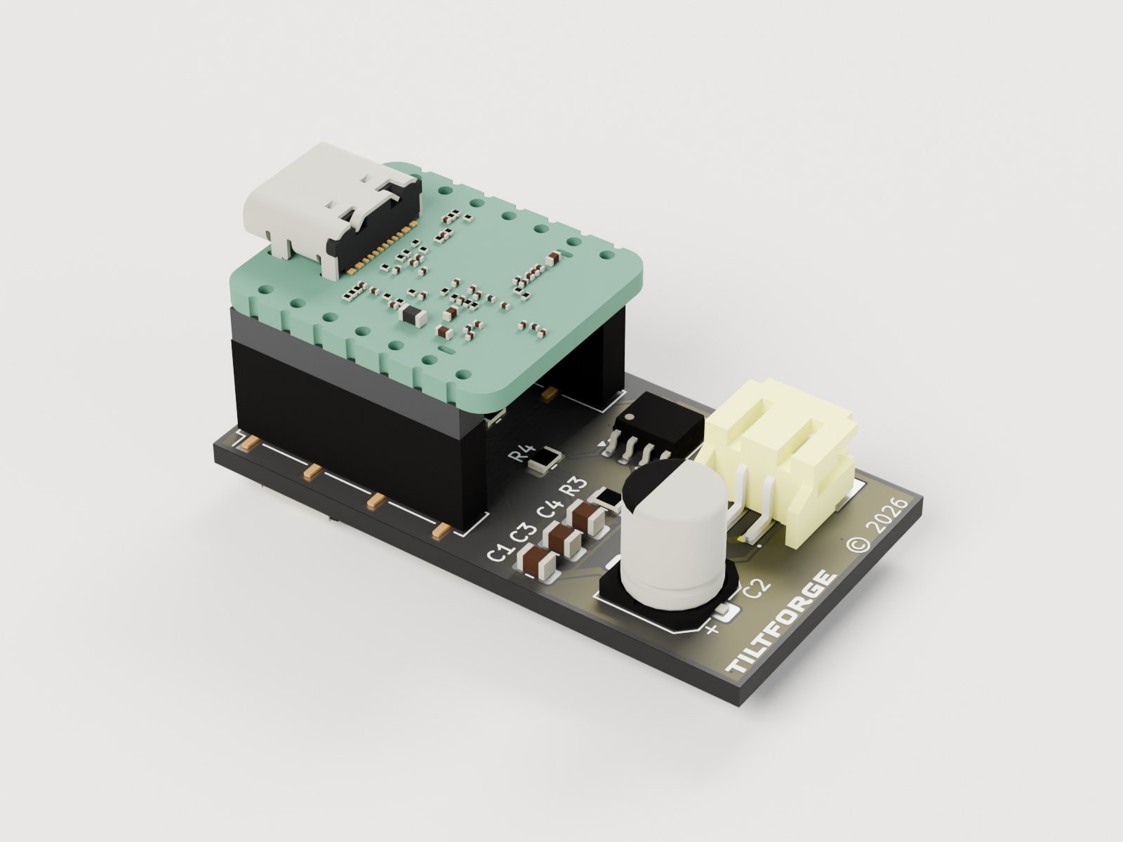 Rev D control board with a Seeed XIAO ESP32-C6 seated on its headers, USB-C off the end away from the motor plug