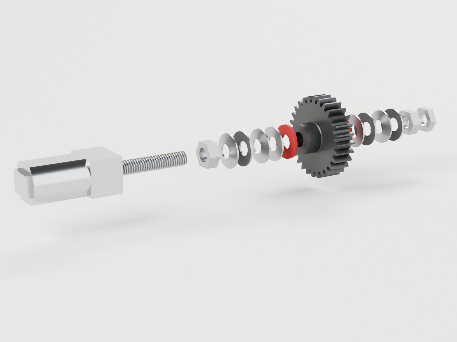 N20 gearmotor with its M4 threaded shaft bare and the clutch stack exploded past the tip: nut, three disc springs alternating, flat washer, fiber washer, printed pinion, fiber washer, flat washer, three disc springs alternating, nut, jam nut