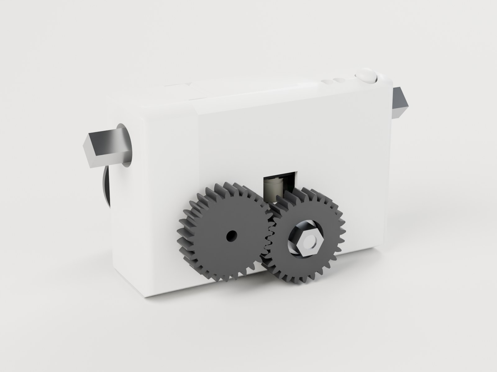 Motor side of the TiltForge Final Beta — pinion and 28T axle spur on the outside face, clutch nut on the pinion