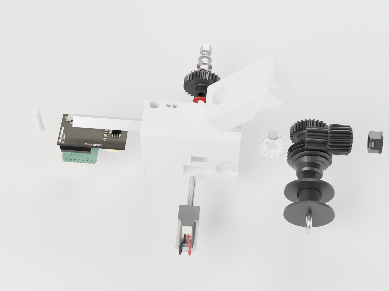TiltForge Final Beta fully exploded: shell, cap, tilt rod, worm and spool, crown gear, Rev D board with the ESP32-C6, motor with its leads and clutch stack